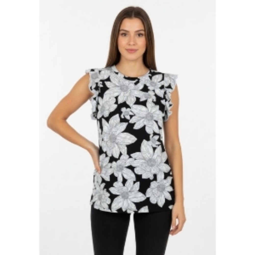 Crown & Ivy Medium Black White Floral Sleeveless Flutter Top Summer Chic